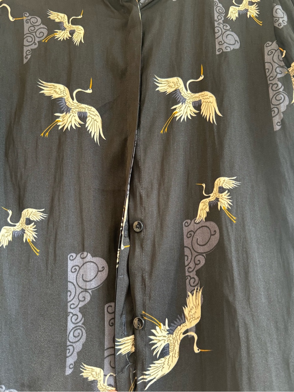 T Tahari Navy Crane Print Button Blouse with Ruffle Sleeves | Size XS - Picture 7 of 8